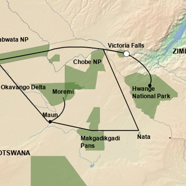 Kort over rejsen - det bedste af Botswana