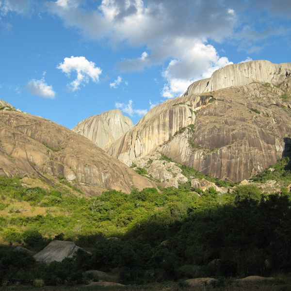Frodigt landskab omgivet af bjerge i Ranomafana National Park